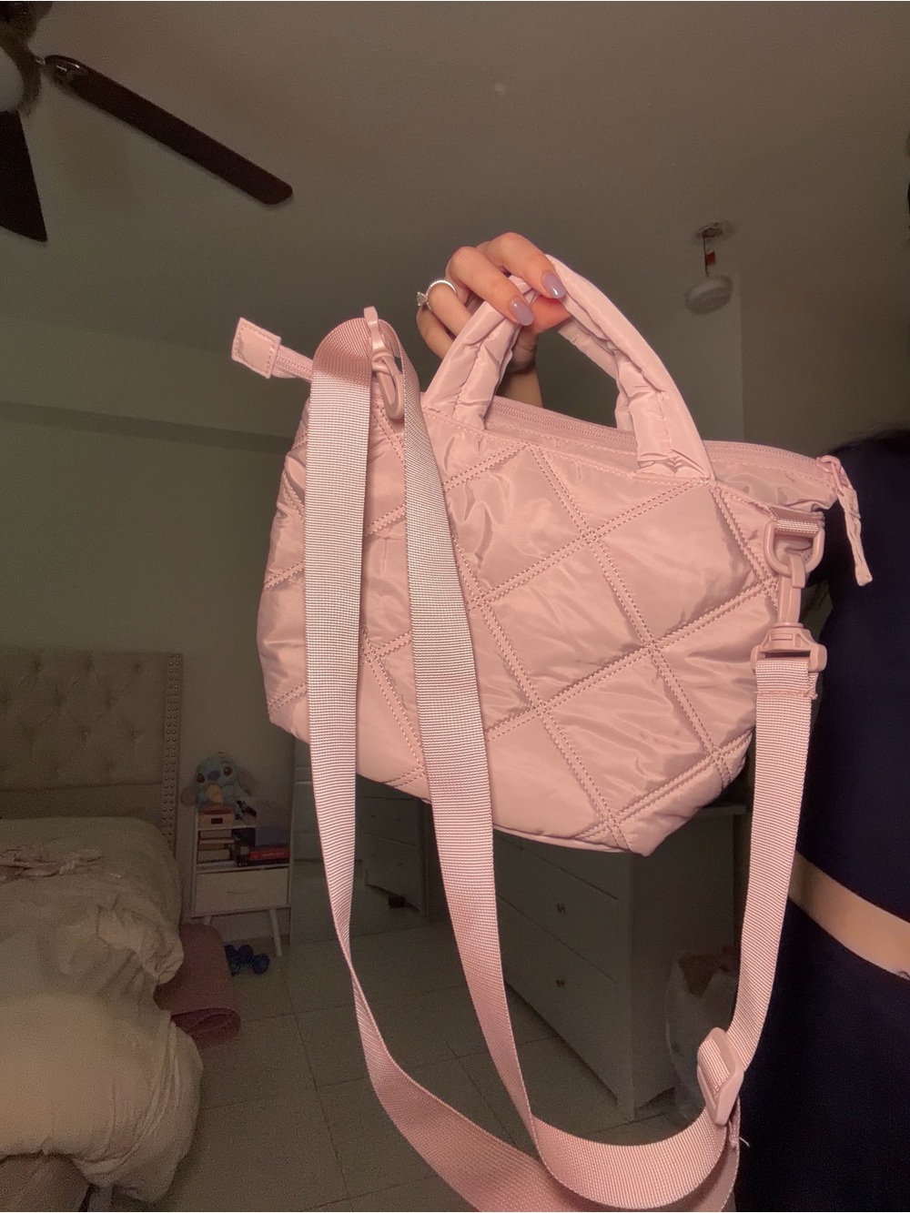 Quilted Pink Nylon Satchel with Adjustable Strap